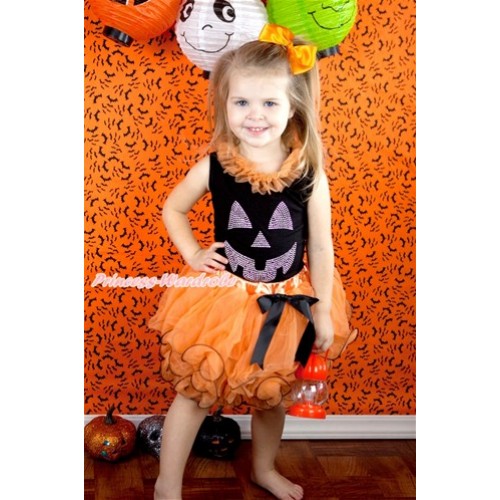 Halloween Black Baby Pettitop with Sparkle Crystal Bling Pumpkin Print with Orange Chiffon Lacing with Black Bow Orange Petal Newborn Pettiskirt NG1289 